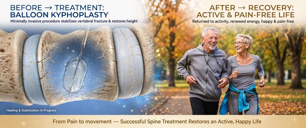 Balloon kyphoplasty before and after — minimally invasive vertebral fracture treatment restoring active pain-free life