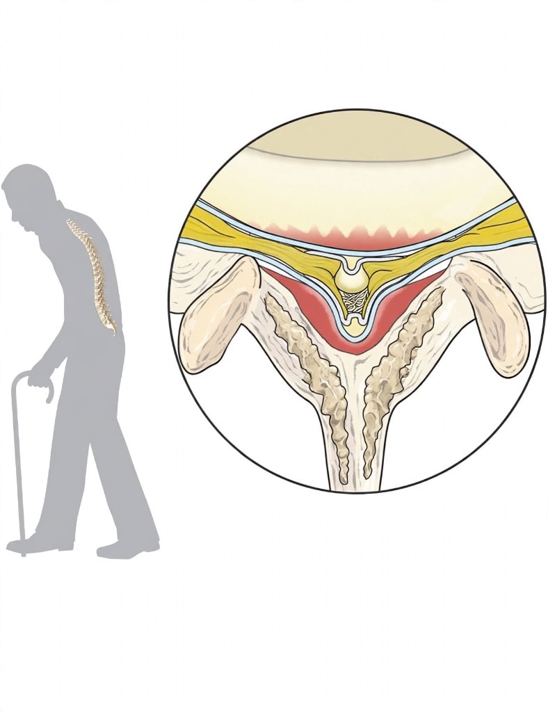 MILD procedure — patient silhouette with spinal stenosis and cross-section anatomy showing ligamentum flavum compression